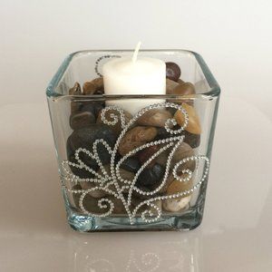 Candle holder, vase, short. Two-sided, same flower, leaf, swirls rhinestones